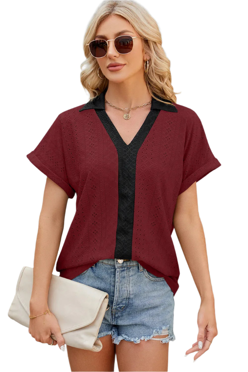 V-hals contrasterende korte mouwen losse T-shirt top voor dames