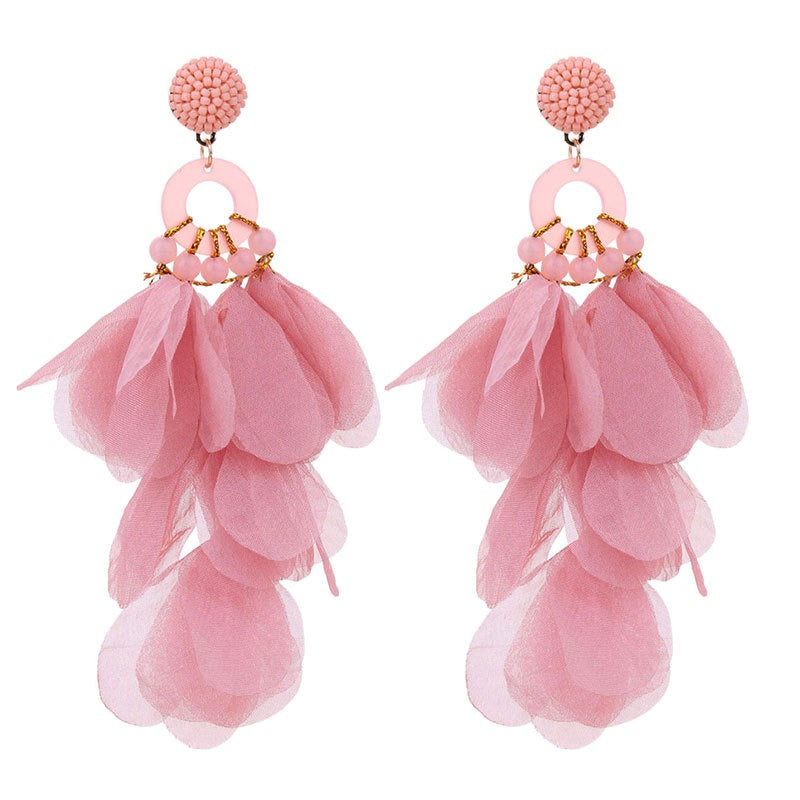 Handmade fabric floral earrings women's fashion exaggerated long earrings