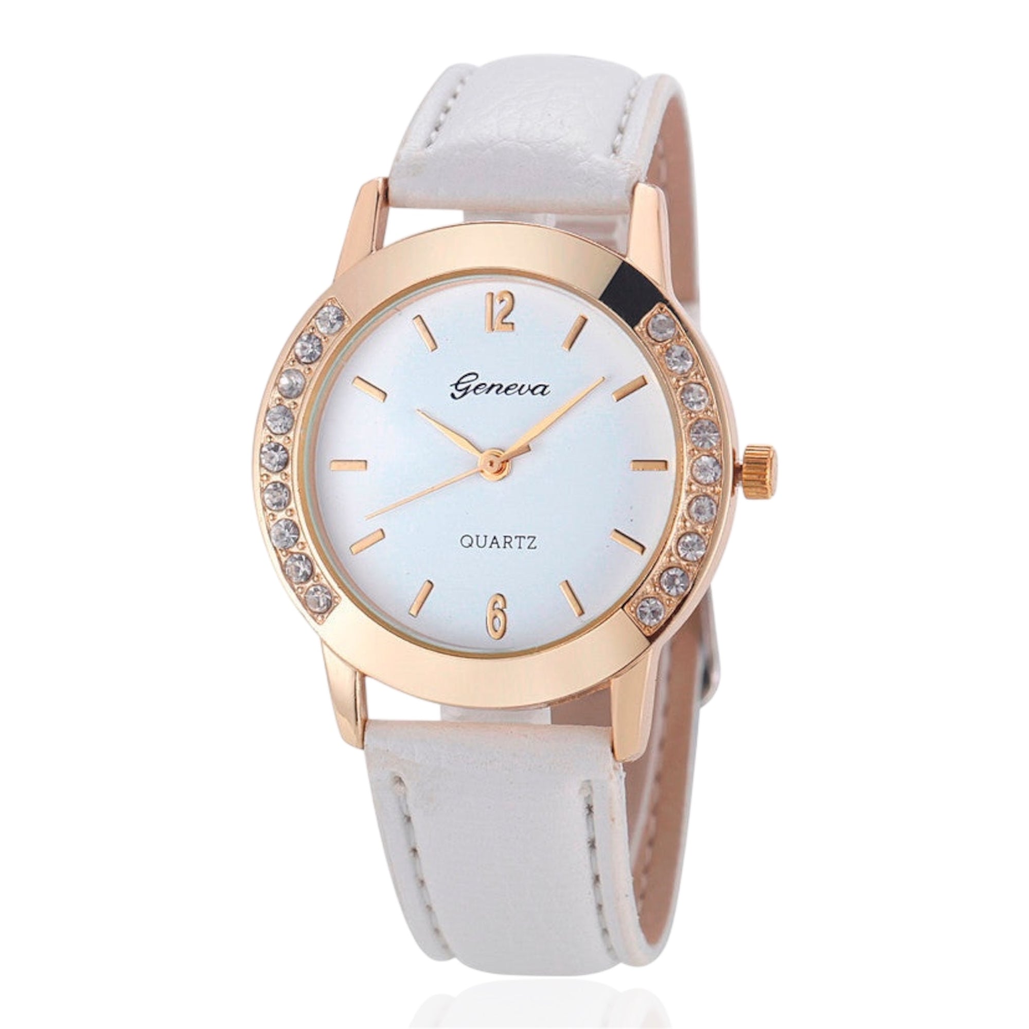 Geneva Fashion Women Watches Leather Band Quartz Watches Stainless Steel Case Rhinestone Crafted Ladies Quartz Watches