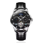 OLEVS Men's Watch Luxury Mechanical Wristwatch Men Leather Strap Waterproof Luminous Double Calendar Hollow Flywheel Automatic Mechanical Watch