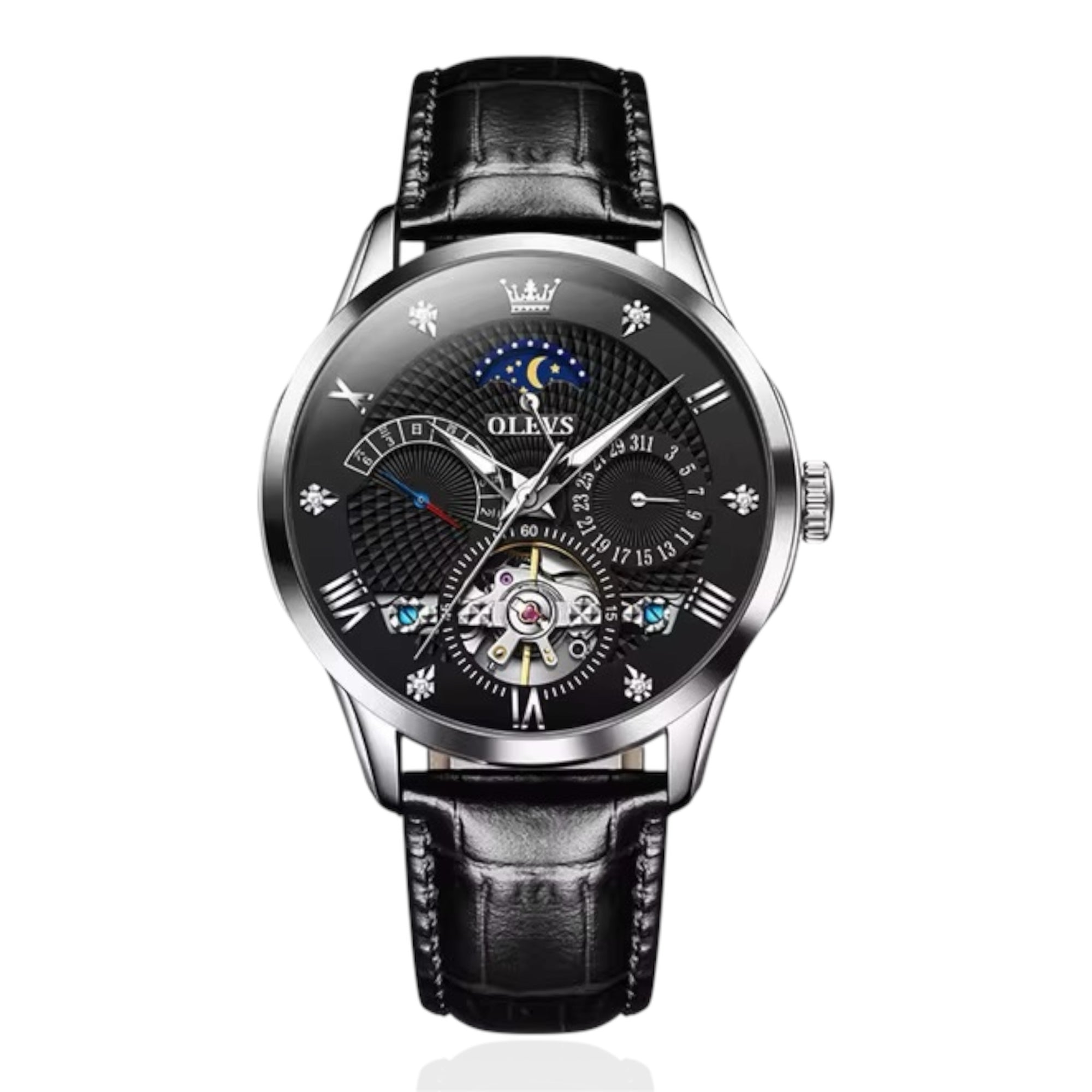 OLEVS Men's Watch Luxury Mechanical Wristwatch Men Leather Strap Waterproof Luminous Double Calendar Hollow Flywheel Automatic Mechanical Watch