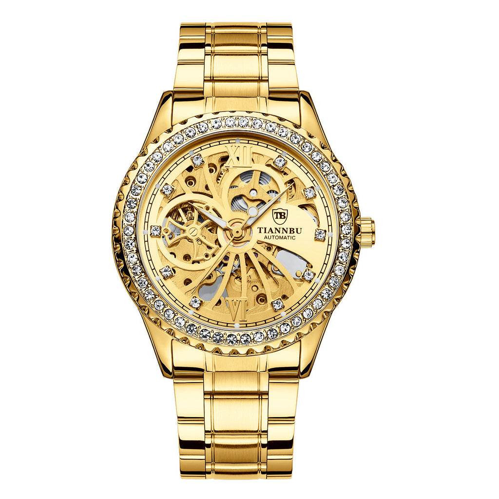 Orologio meccanico automatico da uomo alla moda TIANNBU con diamanti, in acciaio inossidabile, impermeabile