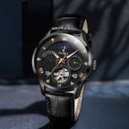 OLEVS Men's Watch Luxury Mechanical Wristwatch Men Leather Strap Waterproof Luminous Double Calendar Hollow Flywheel Automatic Mechanical Watch