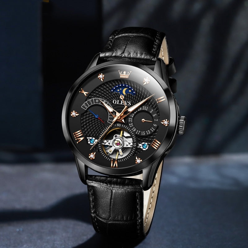 OLEVS Men's Watch Luxury Mechanical Wristwatch Men Leather Strap Waterproof Luminous Double Calendar Hollow Flywheel Automatic Mechanical Watch