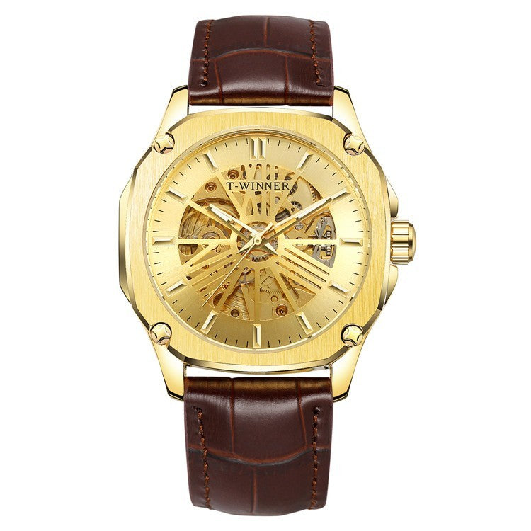 Orologio da polso di lusso da uomo T-WINNER, orologio meccanico automatico impermeabile con cassa scavata