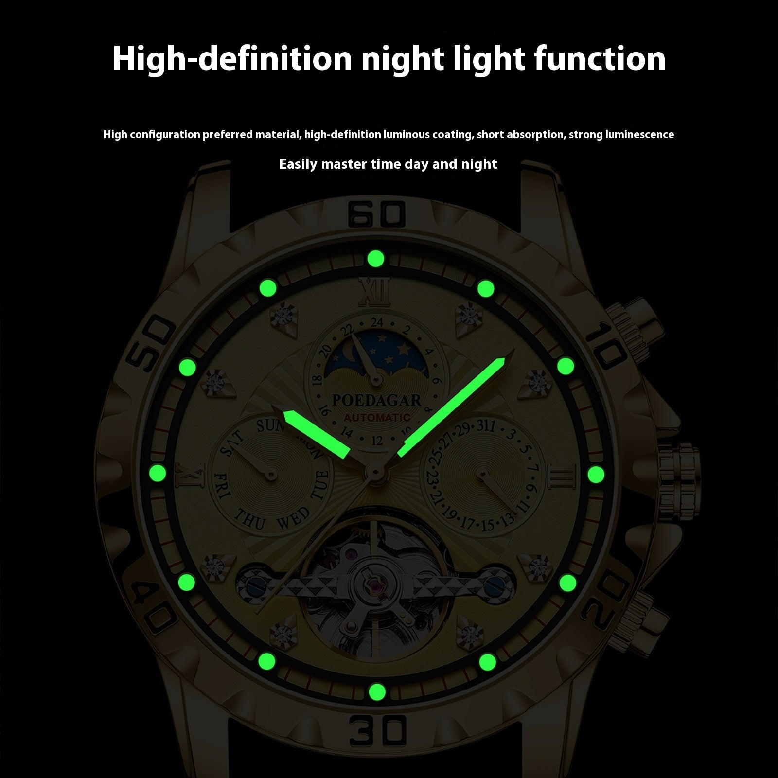 Orologio meccanico automatico di lusso POEDAGAR Tourbillon impermeabile luminoso in acciaio inossidabile da uomo