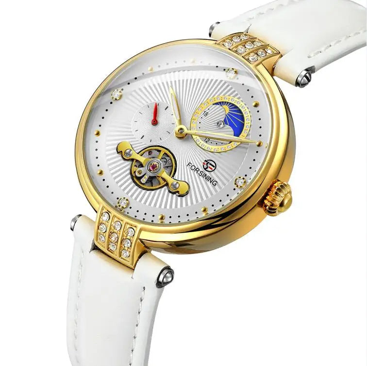 FORSINING Women Mechanical Self Winding Watch Genuine Leather Strap Moon Phase Luminous Hollowed-out Mechanical Watch