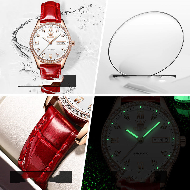 2025 OLEVS Women's Classic Luxury Automatic Mechanical Watch Wine Red Leather Strap Fashion Trend watch