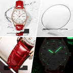 2025 OLEVS Women's Classic Luxury Automatic Mechanical Watch Wine Red Leather Strap Fashion Trend watch