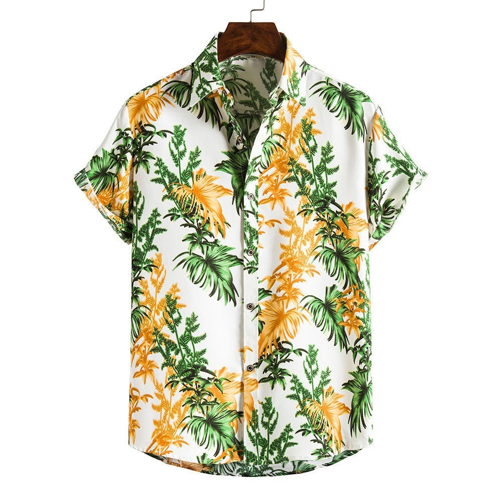 Men's Fashionable Casual Shirt Stripes/Tree Printed Short Sleeve Turn-down Collar Slim Hawaiian Men's Casual Shirt