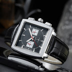 Men's Fashion Multifunction Six Hands With Calendar Quartz Business Watches Wristwatch Monaco Chronograph Calibre 12 Mens Luxury Quartz Leather Strap Watch
