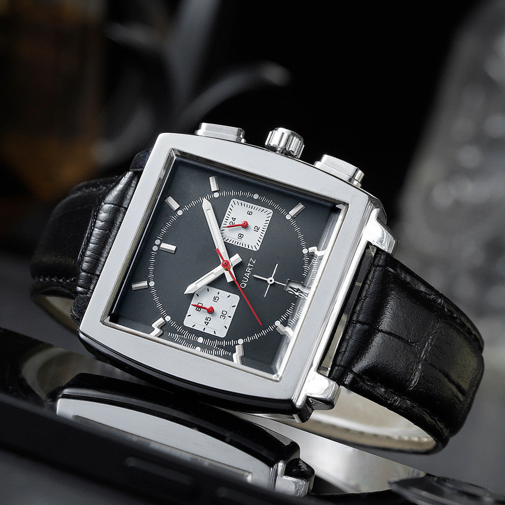Men's Fashion Multifunction Six Hands With Calendar Quartz Business Watches Wristwatch Monaco Chronograph Calibre 12 Mens Luxury Quartz Leather Strap Watch