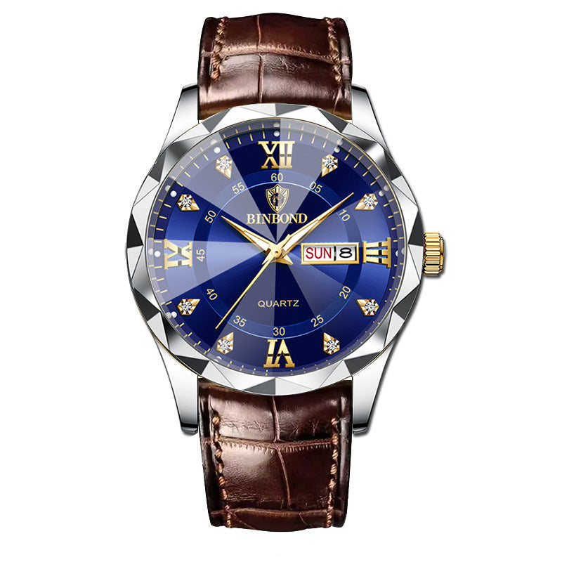 BINBOND Top Brand Luxury Fashion Men's Quartz Watch Waterproof Week Date Watch Men's Sports Watch Stainless Steel Quartz Wristwatch Genuine Leather Men's Waterproof Leisure watch