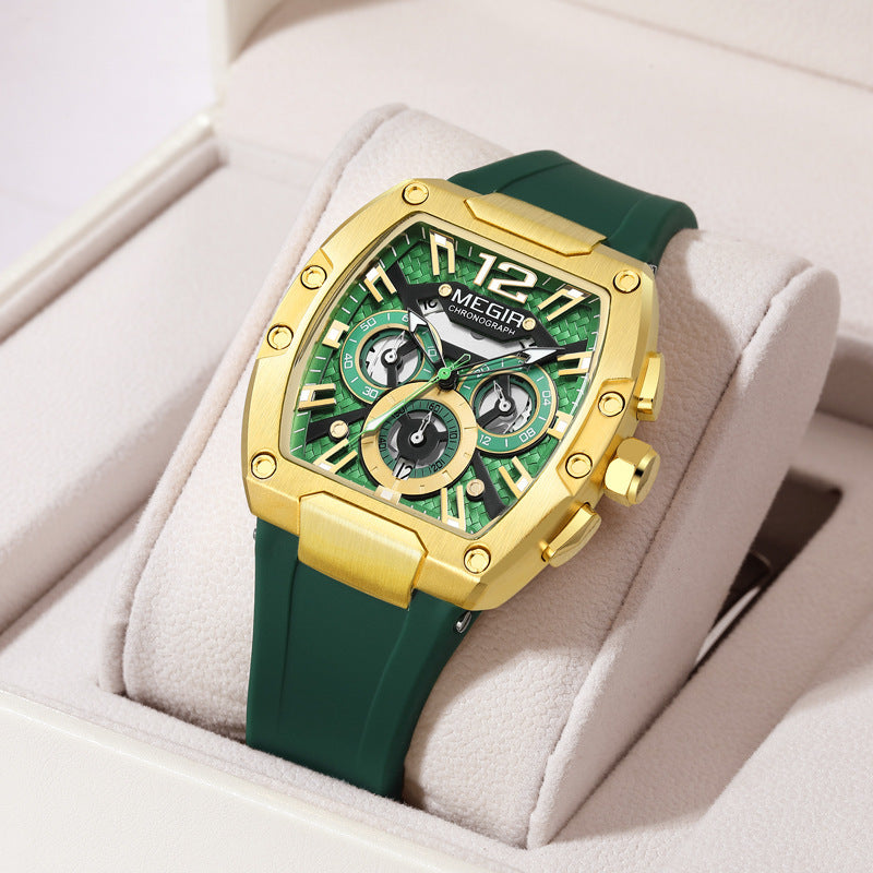 MEGIR Fashion Sport Quartz Watch for Men Waterproof Golden Green Silicone Strap Chronograph Wristwatch