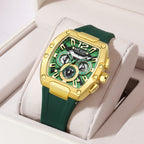 MEGIR Fashion Sport Quartz Watch for Men Waterproof Golden Green Silicone Strap Chronograph Wristwatch