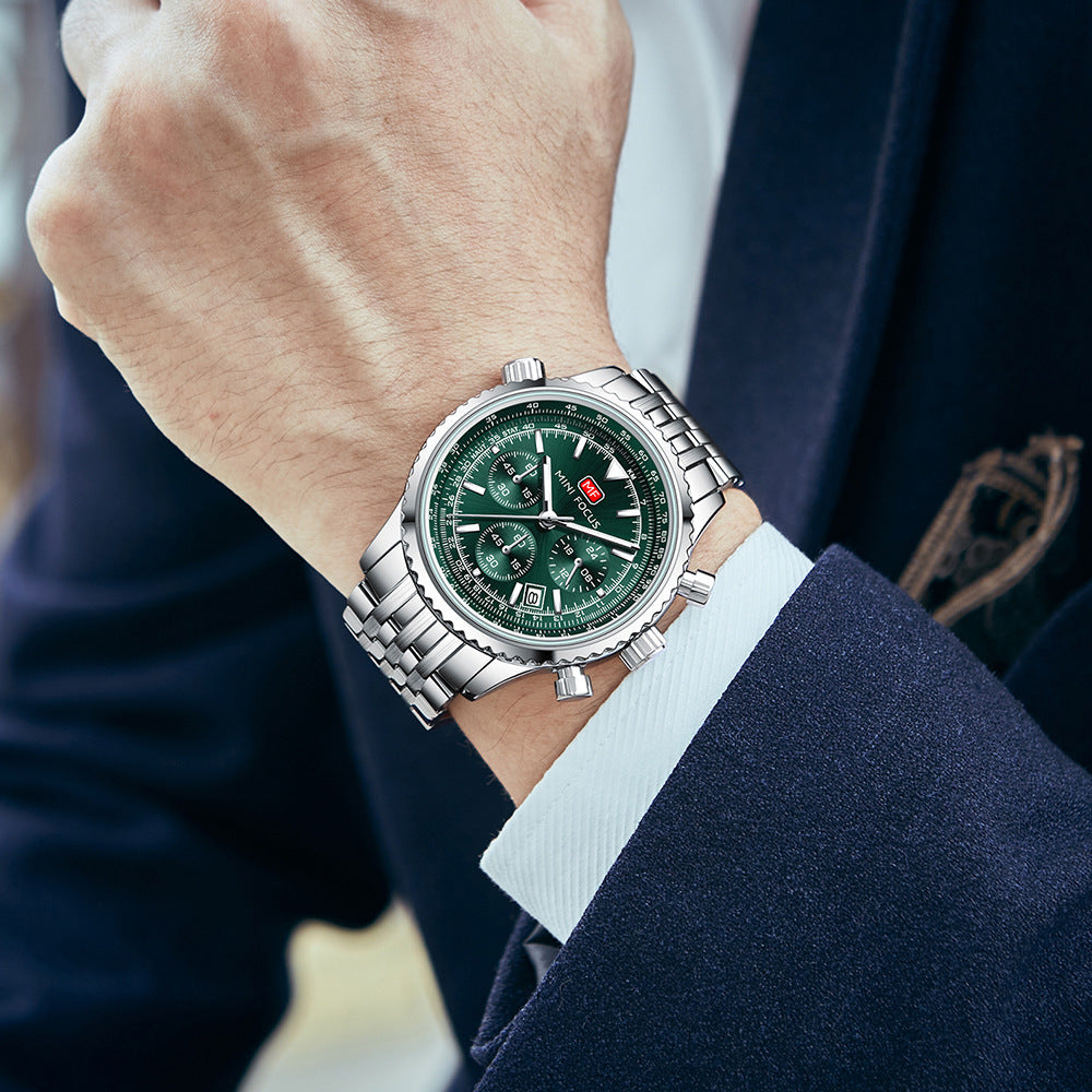 MINI FOCUS Men Multifunction Chronograph Calendar Luminous Business Quartz Watch