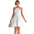 Dames kanten patchwork lange jurk hoge taille A-lijn witte jurk