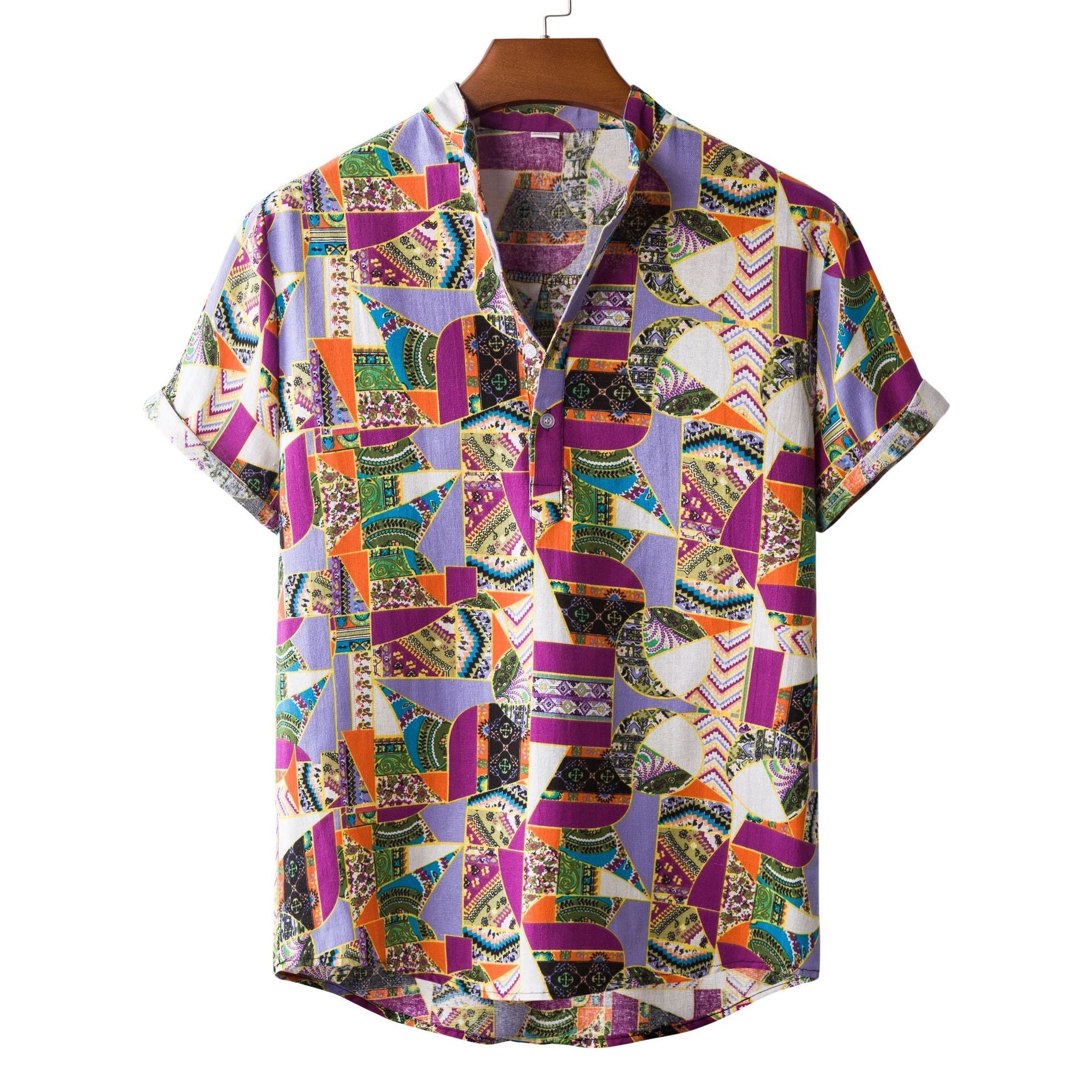 Men's Fashionable Casual Shirt Printed Loose Hawaiian Shirt Stand Collar Cotton Linen Ethnic Printed Men's Shirts