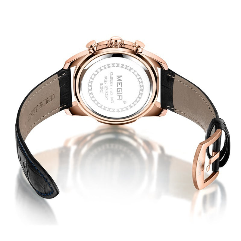 Heren quartzhorloge waterdicht multifunctionele chronograaf lichtgevend leren horloge