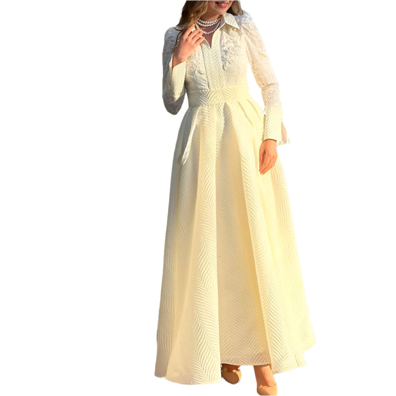 Witte voorkant borst bloem kralen kant garen Franse stijl retro lange mouw mode slanke damesjurk