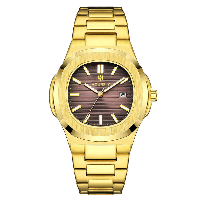 HOURSLY HY1371 Fashion China Man Quartz Watch Exclusive Steel Strap Water Resist Luminous Calendar Casual Men's Watch