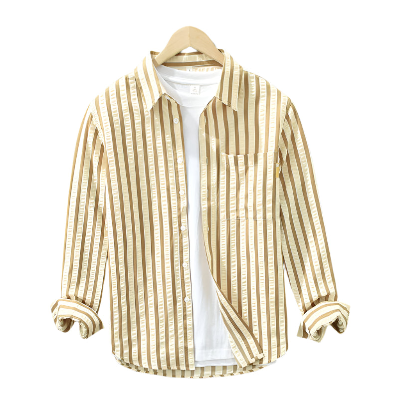 Camicia casual alla moda da uomo in fibra di poliestere tinta unita a righe verticali, a maniche lunghe, ampia, da uomo