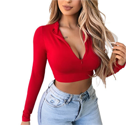 Dames Top Rits Sexy Slim T-shirt Lange Mouw Basis Shirt