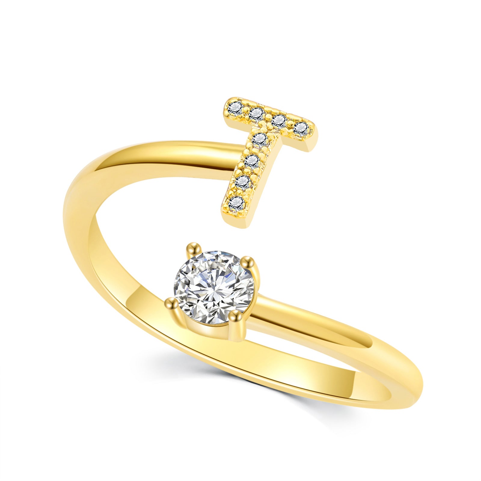 Luxe damesring van 925 sterling zilver, verstelbare ring met diamanten en zirkonia, initialen, open verlovingsring voor dames