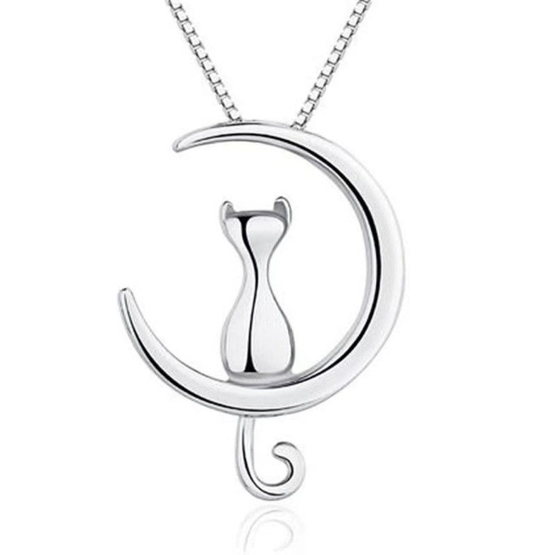 Women Fashionable Necklace Silver Color Simple Cute Pet Cat Moon Jewelry Set for Women Gift Animal Necklace