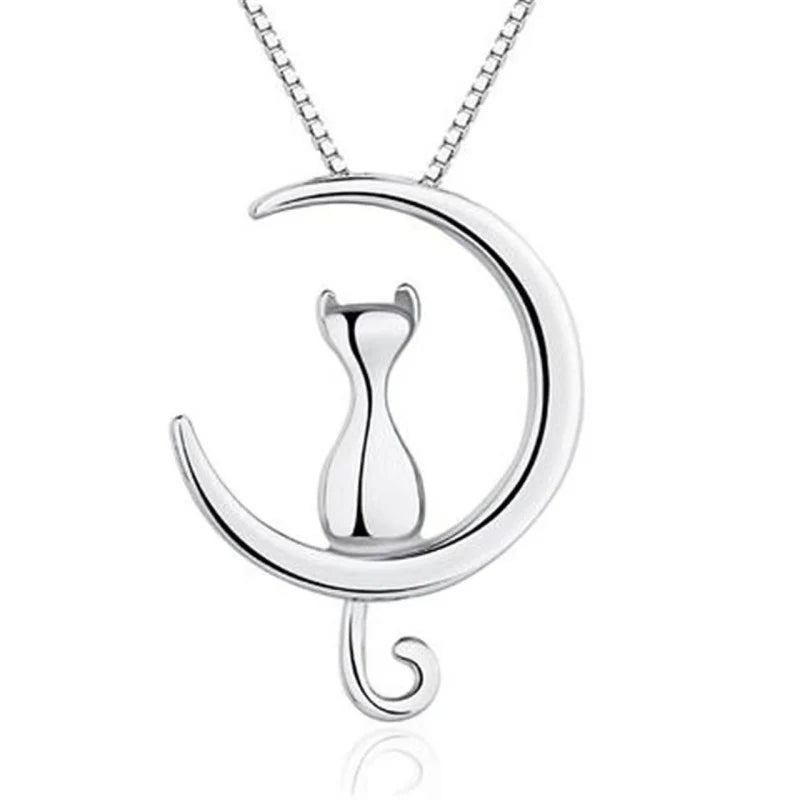 Women Fashionable Necklace Silver Color Simple Cute Pet Cat Moon Jewelry Set for Women Gift Animal Necklace