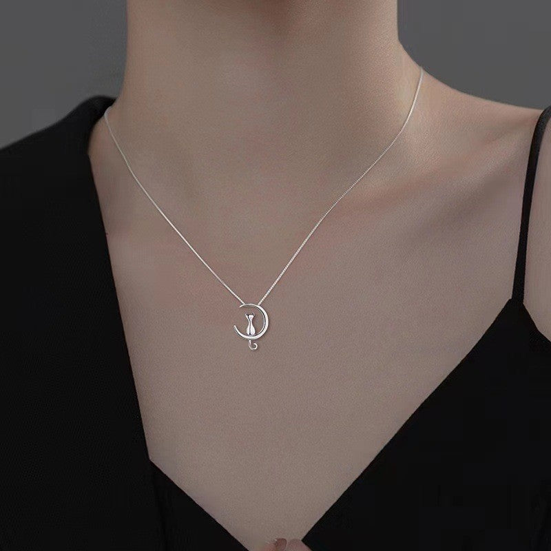 Women Fashionable Necklace Silver Color Simple Cute Pet Cat Moon Jewelry Set for Women Gift Animal Necklace