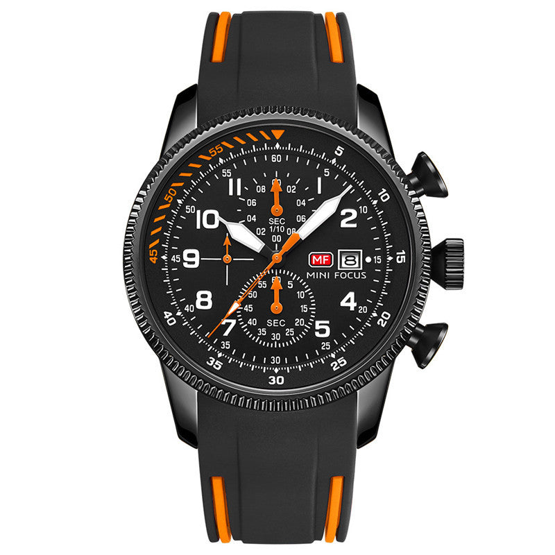 A blue and orange analog multifunctional aviation watch with a silicone band and a tachymeter dial.