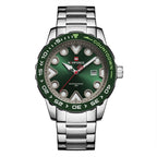 A silver stainless steel men's watch with a green dial, luminous hands, and a date display at the 6 o'clock position. The watch has a quartz movement and features a round case with a mineral strengthened glass mirror.