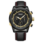 A gold and black colored men's quartz chronograph watch with a leather band and a mult-function calendar display.