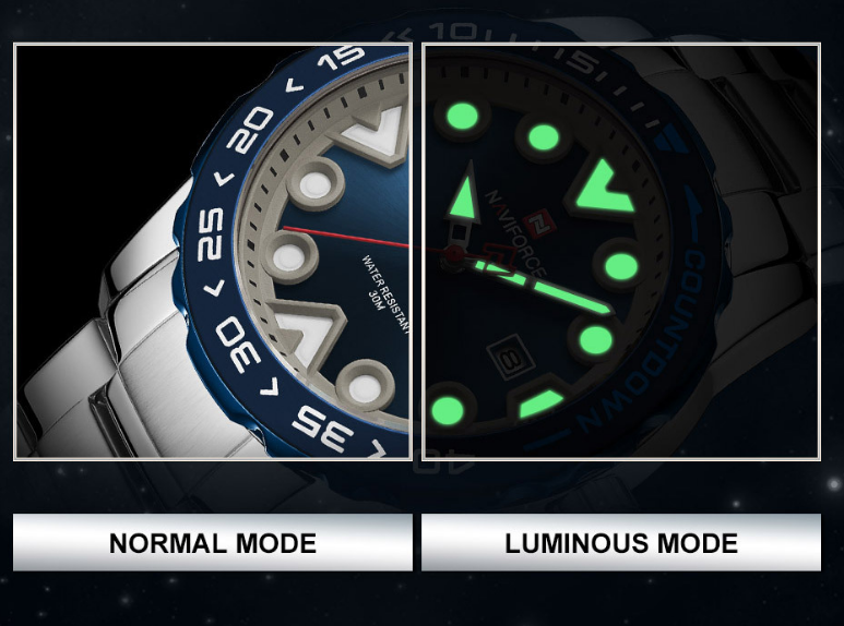 Comparison of a watch in normal mode and luminous mode on a dark background.