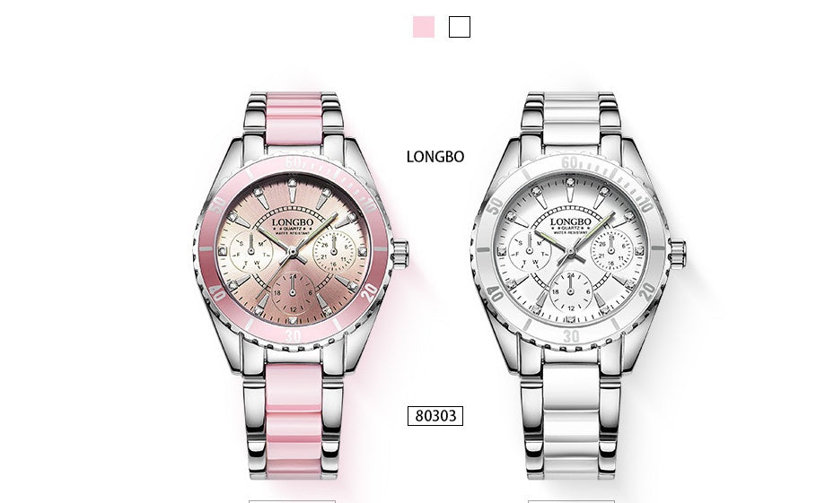 LONGBO Female models three eyes ceramic steel belt watch waterproof luminous quartz ladies watch