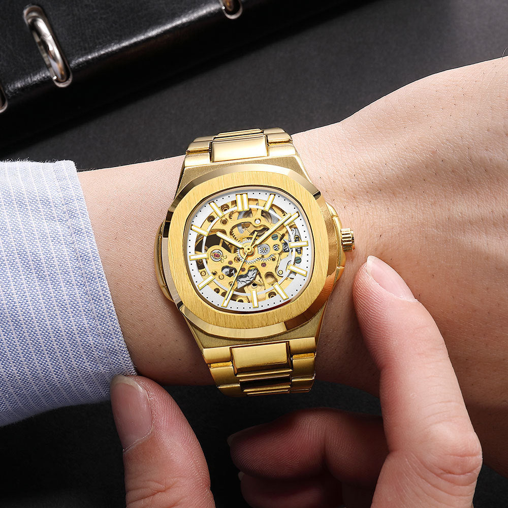 Steampunk Hollow Skeleton Automatic Mechanical Watch Men Blue Ribbon Full Steel Waterproof Wristwatches Male Mechanism Watch