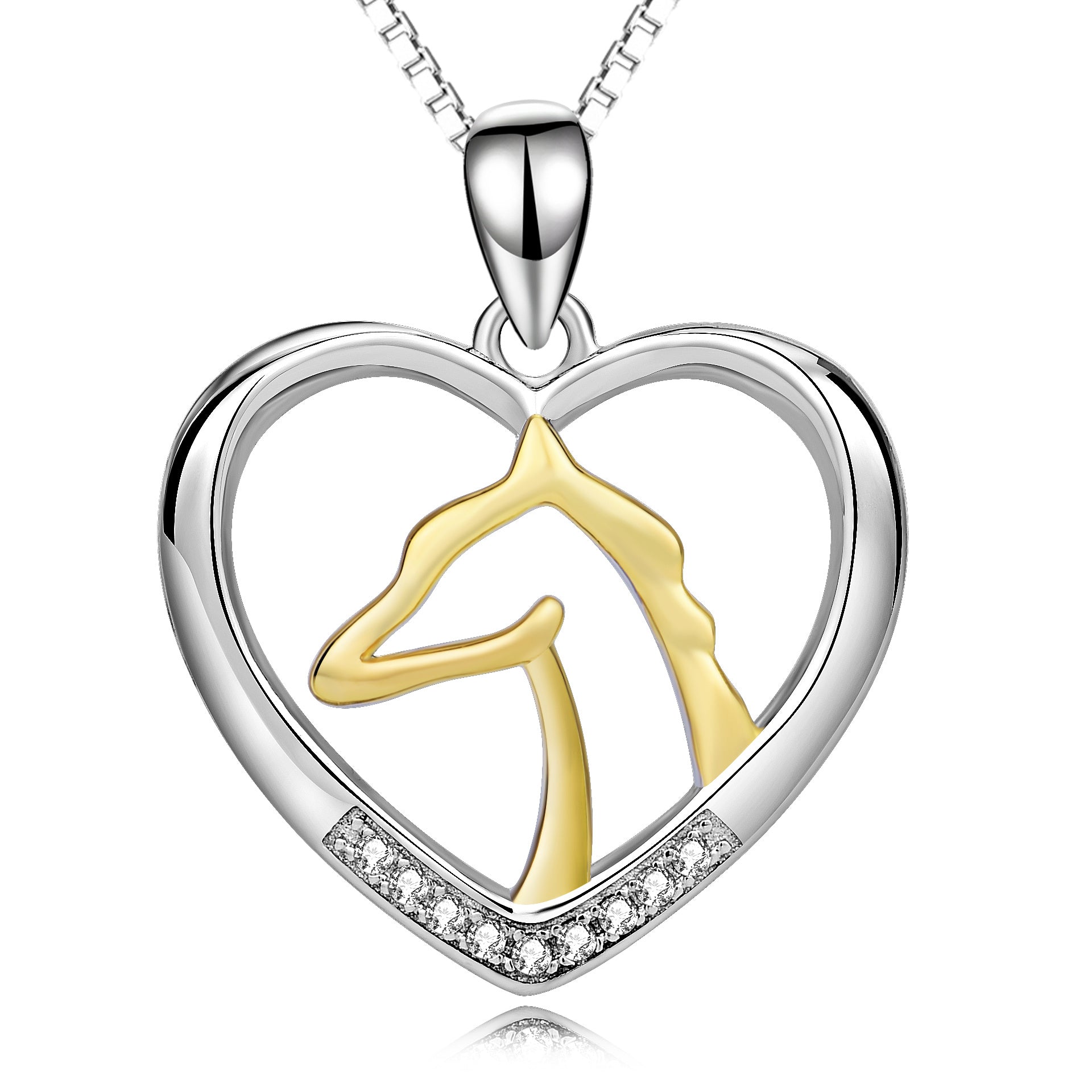 Women Fashionable Necklace 925 Sterling Silver Rhinestone Heart Shape Gold Horse Pendant Necklace Women's  Necklace