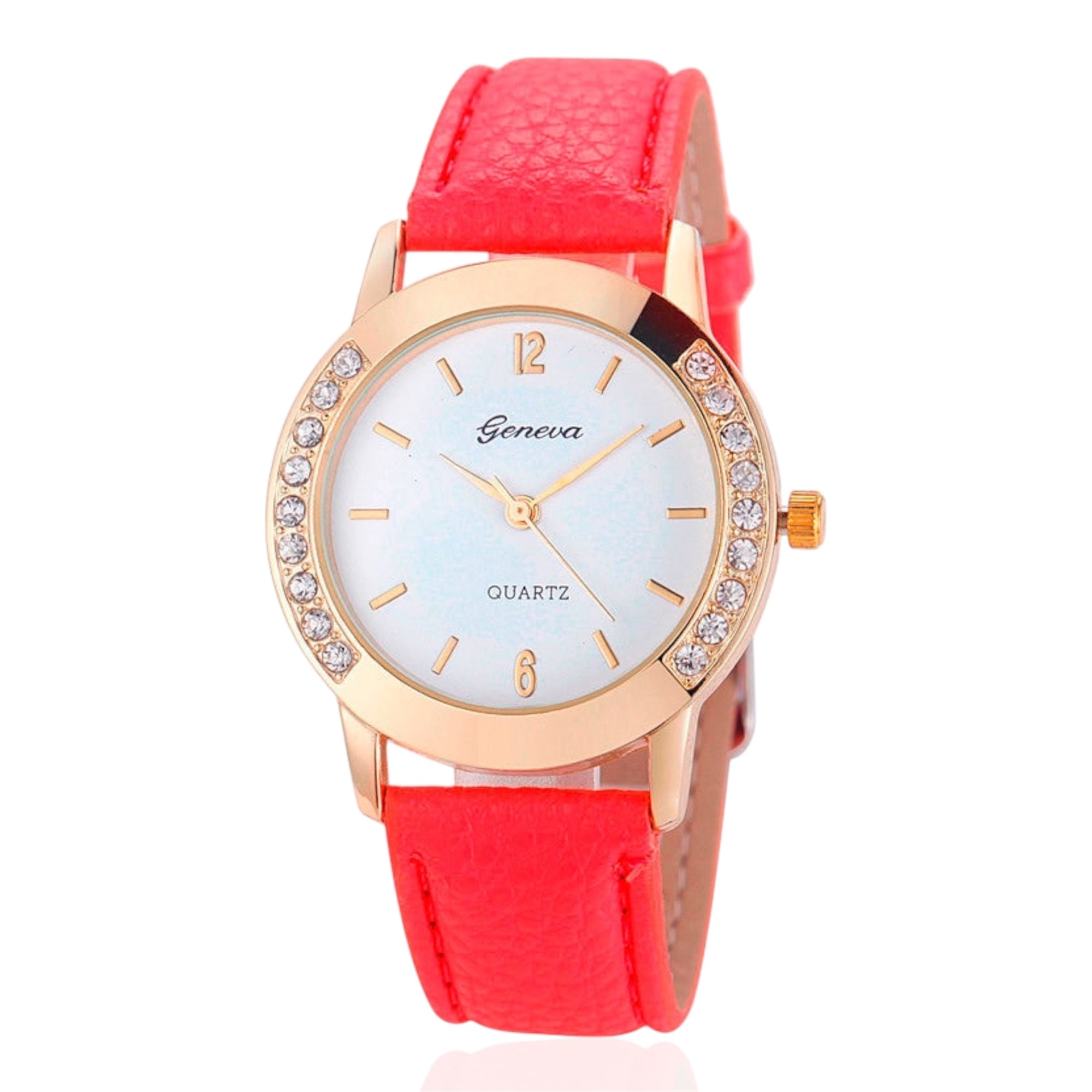 Geneva Fashion Women Watches Leather Band Quartz Watches Stainless Steel Case Rhinestone Crafted Ladies Quartz Watches