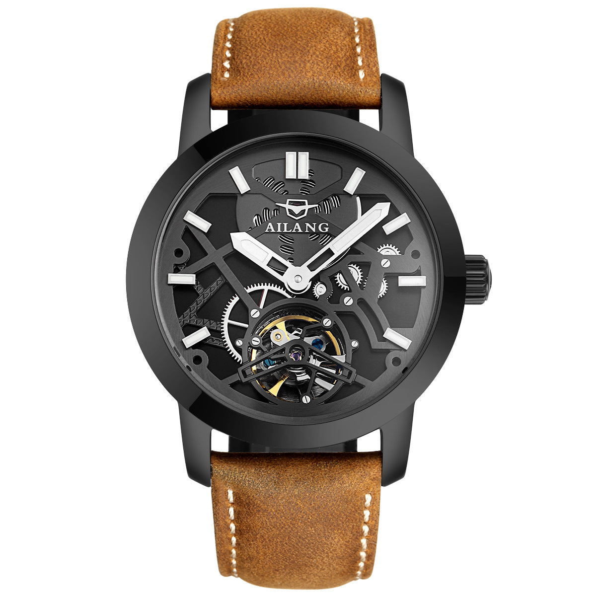 Ailang Men's Business Casual Automatic Mechanical Watch Hollow Flywheel Waterproof Fashion Men's Leather Band Watch - Acquisti Online
