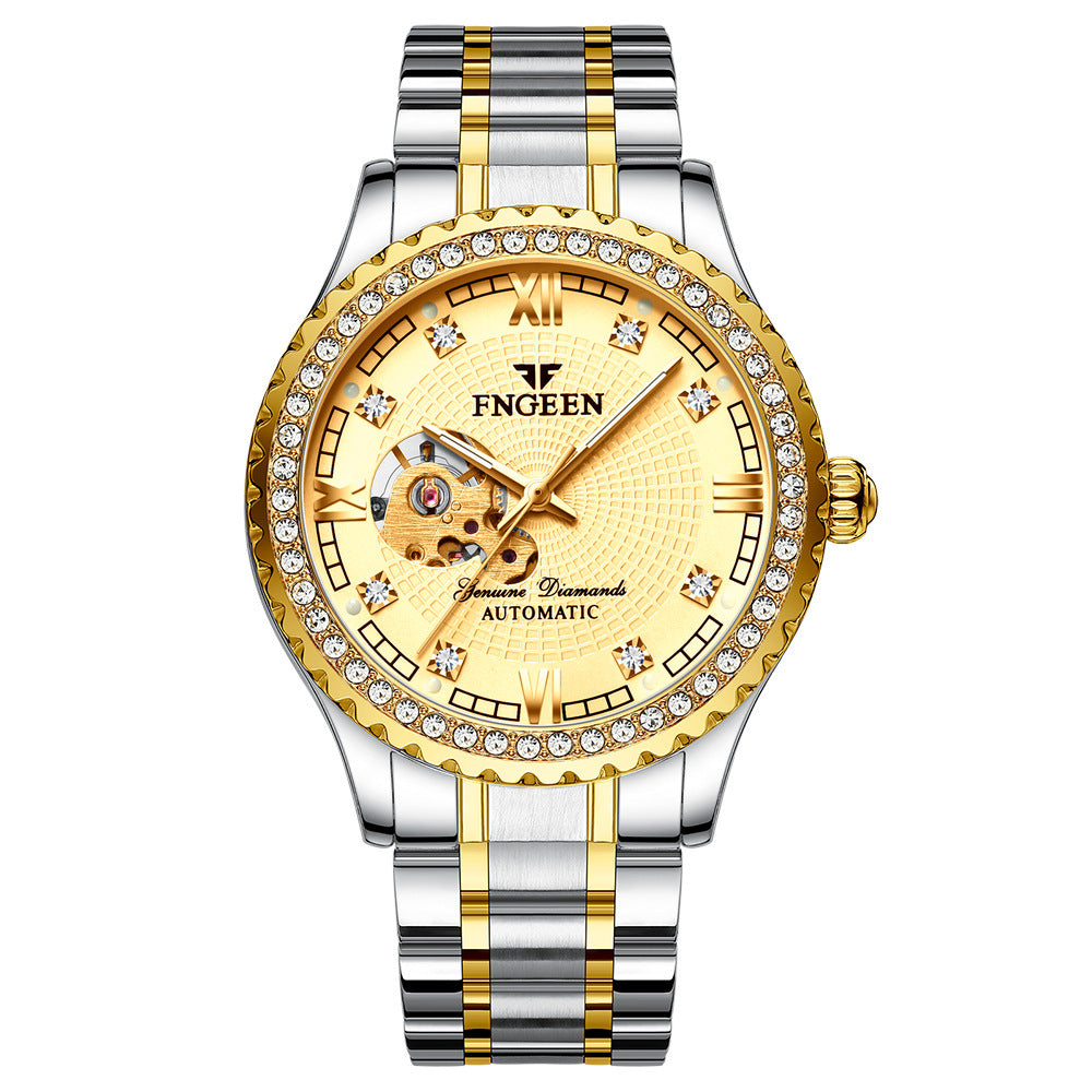 FNGEEN Explosion Automatic Double Sided Hollow Luminous Stainless Steel Strap Diamond Inlaid Men Mechanical Watch