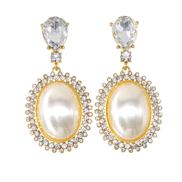 Asymmetric Big Oval Pearl Crystal Long Drop Earrings White Imitation Pearl Dangle Women's Earrings