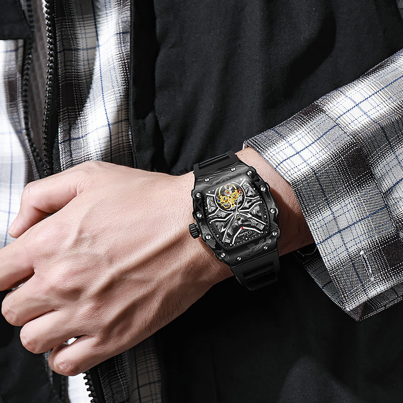 Dulunwe Fashion Skeleton Flywheel Sports Watches For Men Automatic Mechanical Watch Luxury Luminous WristWatch