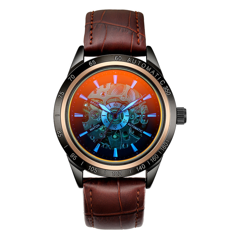 Orologio meccanico da uomo con cinturino in pelle in stile retrò e quadrante cavo