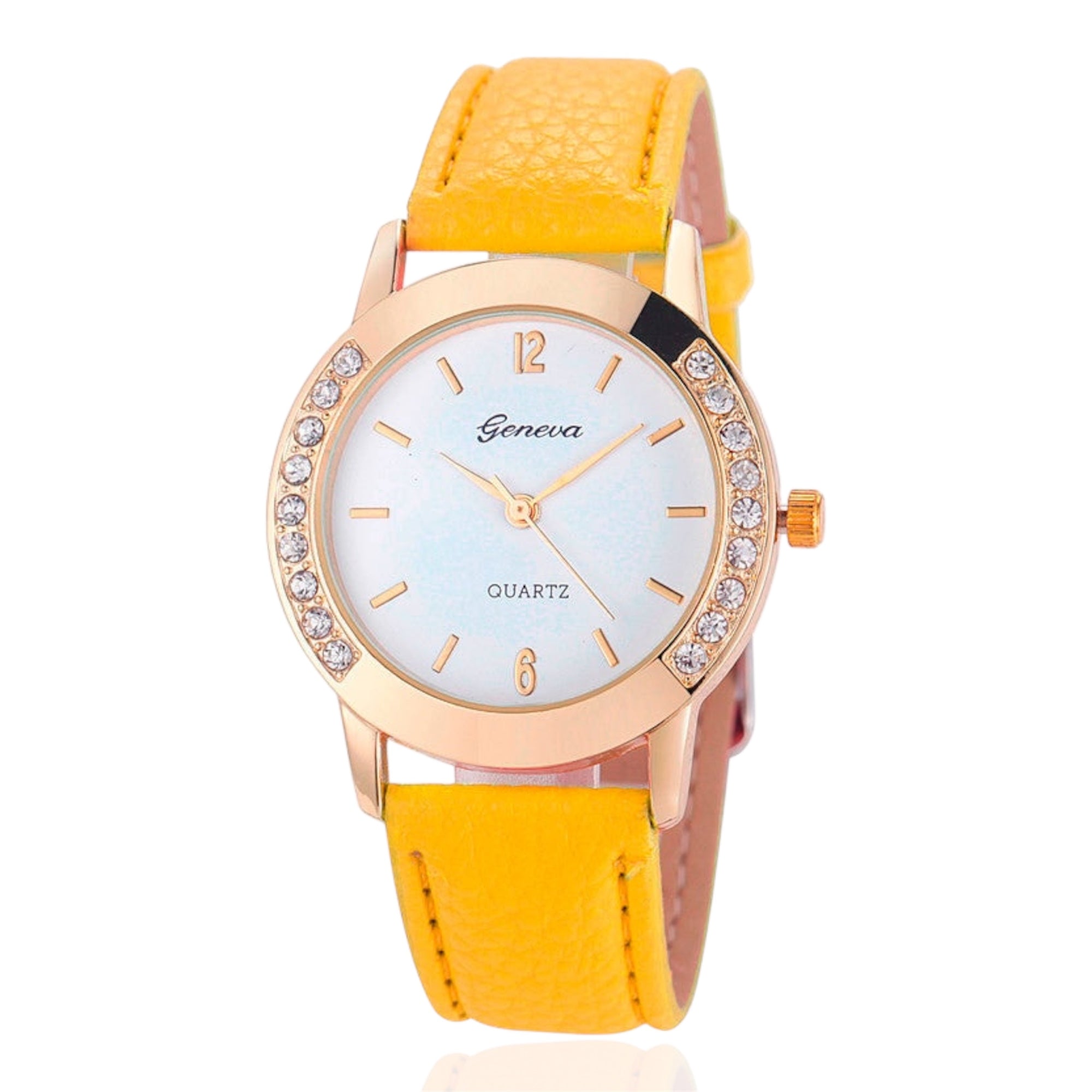 Geneva Fashion Women Watches Leather Band Quartz Watches Stainless Steel Case Rhinestone Crafted Ladies Quartz Watches