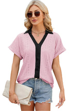 V-hals contrasterende korte mouwen losse T-shirt top voor dames