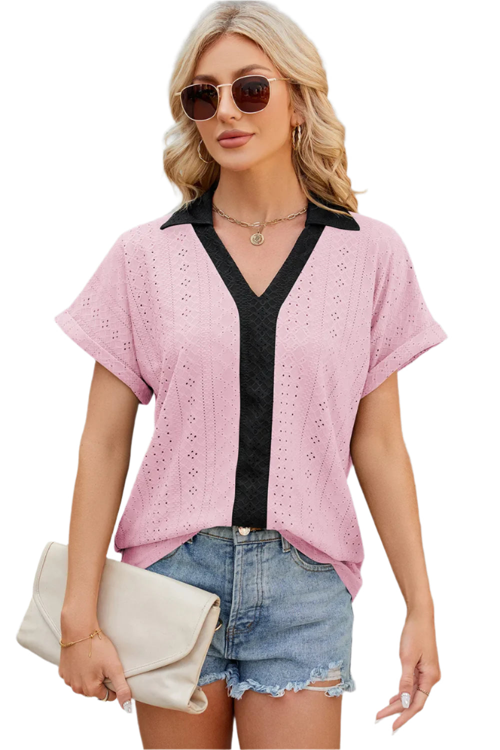V-hals contrasterende korte mouwen losse T-shirt top voor dames
