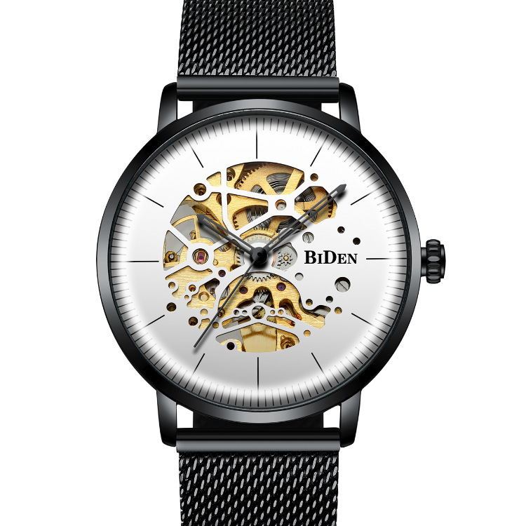 BIDEN 0052 Orologio meccanico di lusso da uomo 2025 con cinturino in maglia metallica, quadranti cavi, decorazione vintage, orologio da polso automatico da uomo