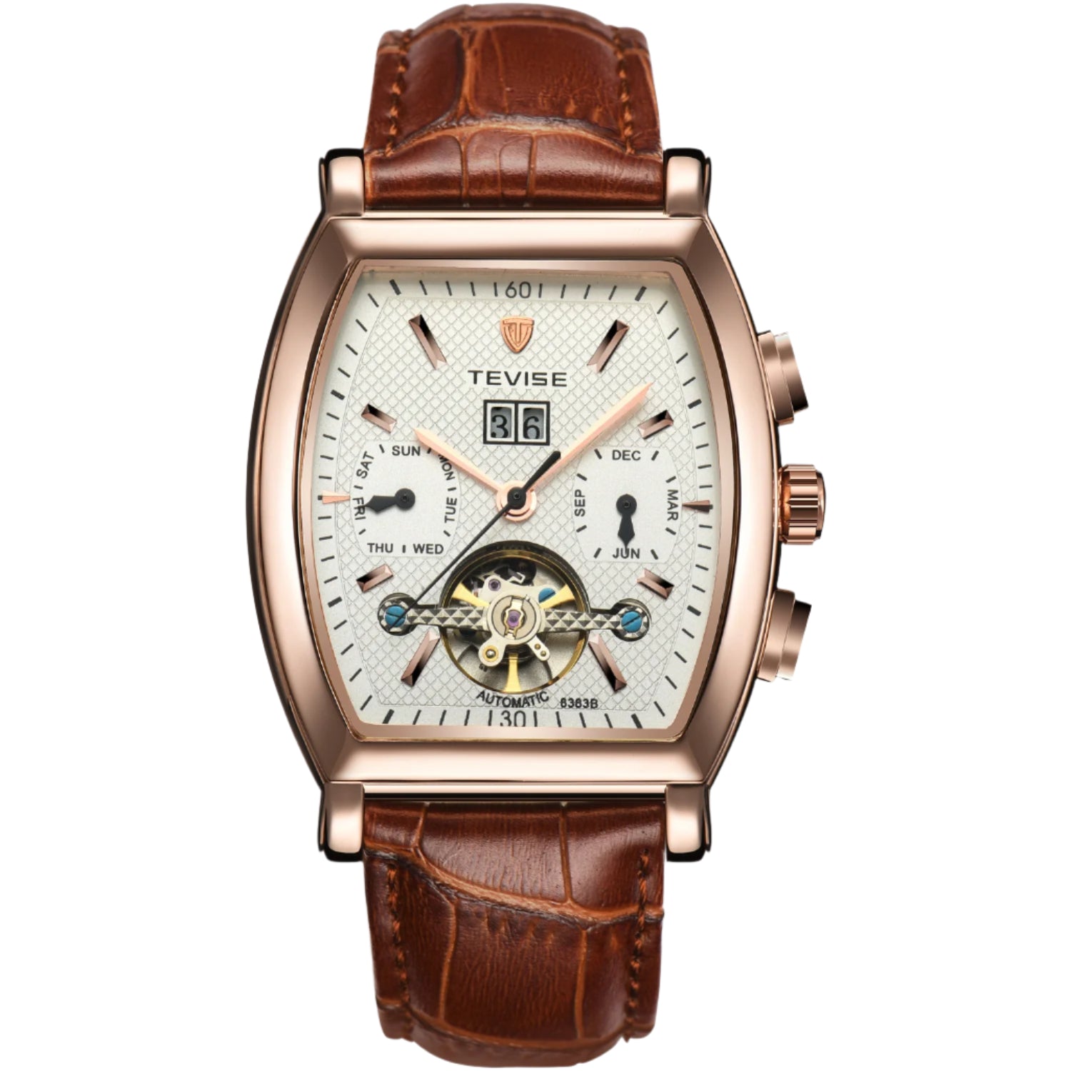 Tevise Man Automatic Movement Mechanical Watch Waterproof Leather Band Multifunctional Wine Barrel Men's Watch