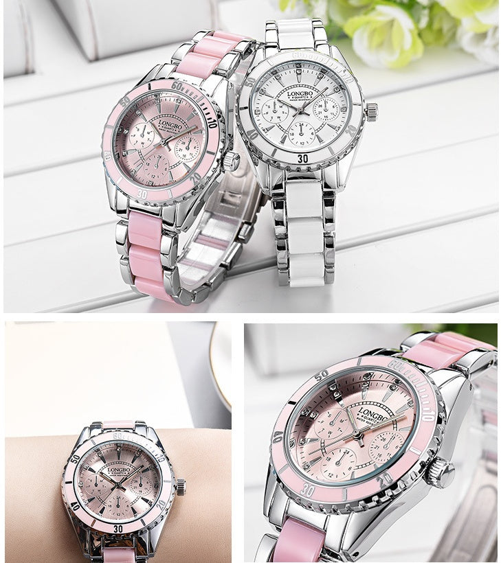 LONGBO Female models three eyes ceramic steel belt watch waterproof luminous quartz ladies watch